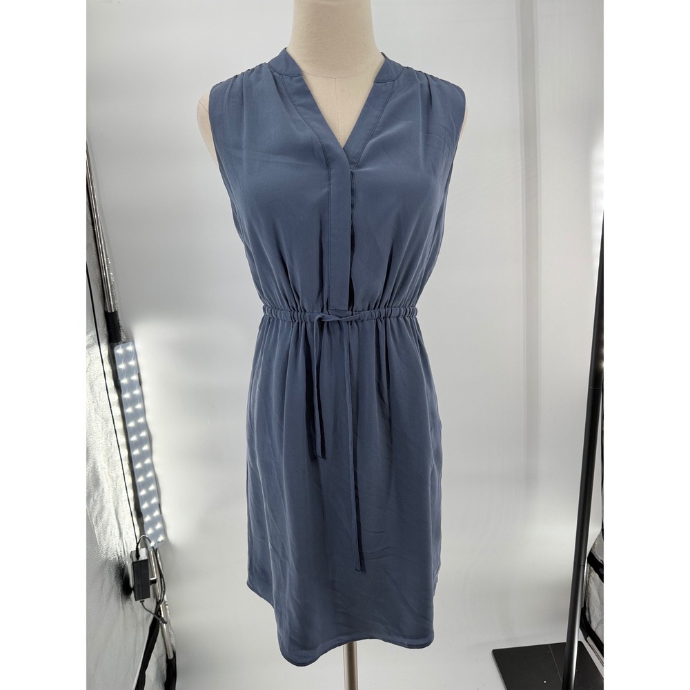 cynthis rowley 100% silk dress 2 slate blue v-neck tie waist pockets sleeveless - Picture 1 of 8